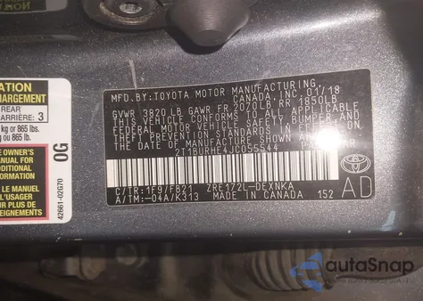 2018 Toyota Corolla Le из США, поврежденный, VIN 2T1BURHE4JC055544